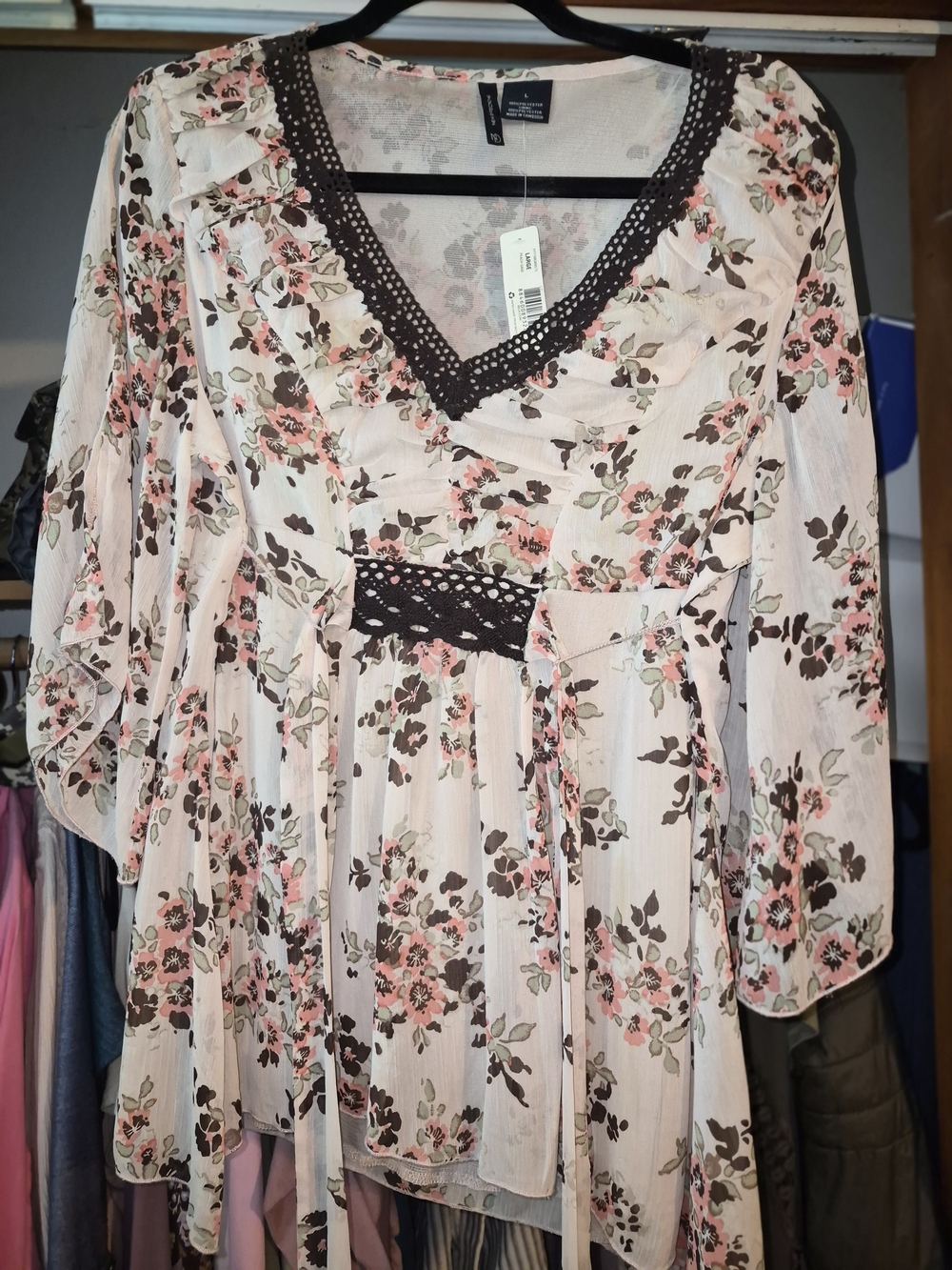 new directions Pink Floral Crochet-Trim Peplum Blouse
